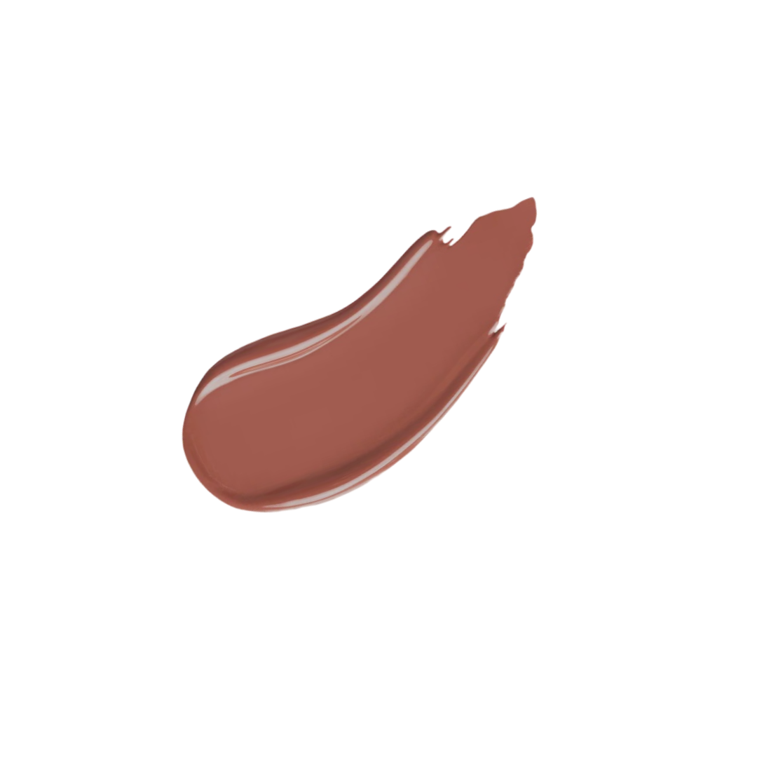 A swatch of the Amina lip gloss on a white background. The gloss is a caramel brown shade that catches the light beautifully. The texture appears smooth and hydrating, giving off a lustrous finish.